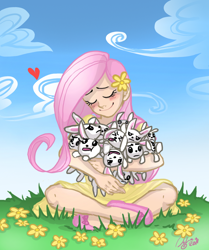 Size: 758x907 | Tagged: safe, artist:ddhew, character:fluttershy, species:human, species:rabbit, animal, clothing, cute, dress, eyes closed, flower, flower in hair, grass, heart, hug, humanized, sitting, sundress