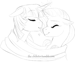 Size: 615x508 | Tagged: safe, artist:the-chibster, character:rarity, character:twilight sparkle, ship:rarilight, blushing, clothing, female, heart, horns are touching, lesbian, monochrome, scarf, shipping, sketch