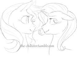 Size: 498x372 | Tagged: safe, artist:the-chibster, character:sunset shimmer, character:trixie, species:pony, species:unicorn, ship:suntrix, blushing, female, horns are touching, lesbian, mare, monochrome, shipping, sketch