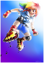 Size: 833x1179 | Tagged: safe, artist:ddhew, character:rainbow dash, species:human, clothing, female, fingerless gloves, gloves, humanized, jumping, rainbow dash always dresses in style, roller skates, rollerblades, solo