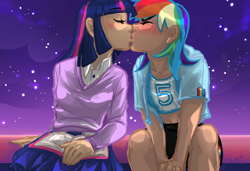 Size: 908x621 | Tagged: safe, artist:ddhew, character:rainbow dash, character:twilight sparkle, species:human, ship:twidash, belly button, blushing, book, clothing, cute, female, humanized, kissing, lesbian, midriff, night, shipping, sitting, skirt, stars