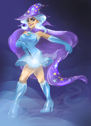 Size: 822x1142 | Tagged: safe, artist:ddhew, character:trixie, species:human, armpits, boots, cape, clothing, evening gloves, female, hat, high heel boots, humanized, magic, solo, trixie's cape, trixie's hat, wand