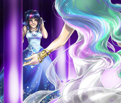 Size: 1128x960 | Tagged: safe, artist:ddhew, character:princess celestia, character:twilight sparkle, species:human, clothing, dress, duo, female, gala dress, humanized