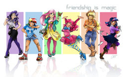 Size: 1726x1075 | Tagged: safe, artist:ddhew, character:applejack, character:fluttershy, character:pinkie pie, character:rainbow dash, character:rarity, character:twilight sparkle, species:bird, species:human, applejack's hat, bandaid, belt, boots, clothing, converse, cowboy boots, cowboy hat, denim, female, hat, high heels, humanized, line-up, mane six, mary janes, overalls, pantyhose, shoes, shorts, skirt, sneakers, socks, tube skirt