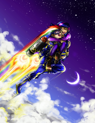 Size: 929x1207 | Tagged: safe, artist:ddhew, character:rainbow dash, character:twilight sparkle, species:human, ship:twidash, carrying, cloud, female, flying, goggles, humanized, jetpack, lesbian, moon, one eye closed, shipping