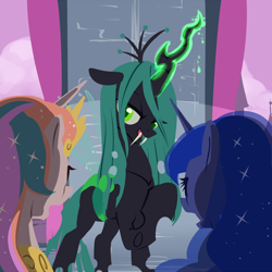 Size: 1200x1200 | Tagged: safe, artist:stupjam, character:princess celestia, character:princess luna, character:queen chrysalis, species:changeling, changeling queen, female, team fortress 2