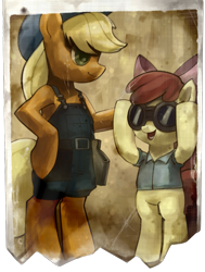Size: 907x1200 | Tagged: safe, artist:stupjam, character:apple bloom, character:applejack, crossover, engie bloom, engiejack, parody, team fortress 2