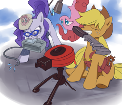 Size: 953x825 | Tagged: safe, artist:stupjam, character:applejack, character:pinkie pie, character:rarity, crossover, glasses, sentry, team fortress 2