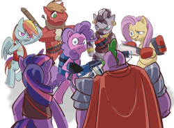 Size: 1024x756 | Tagged: safe, artist:stupjam, character:big mcintosh, character:fluttershy, character:pinkie pie, character:rainbow dash, character:spike, character:twilight sparkle, character:zecora, species:dragon, species:earth pony, species:pegasus, species:pony, species:unicorn, species:zebra, beefspike, crossover, female, male, mane seven, mare, parody, simple background, stallion, team fortress 2, this will end in death, transparent background