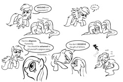 Size: 1263x842 | Tagged: safe, artist:shuffle001, character:fluttershy, character:rainbow dash, anatomically incorrect, comic, crying, flutterbuse, incorrect leg anatomy, lineart, rainbow douche, sad