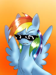 Size: 2500x3333 | Tagged: safe, artist:alcasar-reich, character:rainbow dash, species:pegasus, species:pony, blushing, dat butt, female, gradient background, high res, lip bite, mare, meme, solo, spread wings, sunglasses, wings