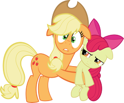 Size: 5657x4686 | Tagged: safe, artist:psyxofthoros, character:apple bloom, character:applejack, species:pony, episode:bridle gossip, g4, my little pony: friendship is magic, absurd resolution, fourth wall, holding a pony, hug, looking at you, simple background, transparent background, vector
