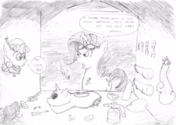 Size: 6388x4552 | Tagged: safe, artist:thekuto, character:rarity, character:sweetie belle, species:pony, species:unicorn, sweetie bot, absurd resolution, black and white, comic, cutie mark, dialogue, female, filly, foal, goggles, grayscale, hooves, horn, mare, modular, monochrome, open mouth, repairing, robot, robot pony, roboticist, sisters, sketch, text, tools, traditional art, workshop