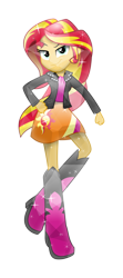 Size: 3000x6767 | Tagged: safe, artist:meteor-spark, character:sunset shimmer, my little pony:equestria girls, .svg available, boots, clothing, crystallized, female, hand on hip, high heel boots, jacket, leather jacket, raised leg, simple background, skirt, solo, sparkles, transparent background, vector
