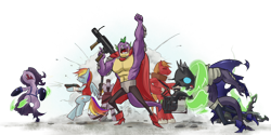 Size: 1024x512 | Tagged: safe, artist:stupjam, character:big mcintosh, character:rainbow dash, character:spike, character:zecora, species:changeling, species:zebra, demoman, fight, heavy weapons guy, mann vs machine, older, parody, pyro, scout, soldier, team fortress 2