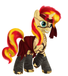 Size: 1088x1216 | Tagged: safe, artist:kwendynew, character:sunset shimmer, species:pony, angra mainyu, avenger, bandana, clothing, crossover, fate/hollow ataraxia, fate/stay night, female, leg wraps, raised hoof, simple background, solo, tattoo, transparent background