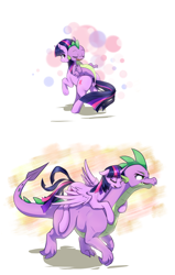Size: 1260x1975 | Tagged: safe, artist:aymint, character:spike, character:twilight sparkle, character:twilight sparkle (alicorn), character:twilight sparkle (unicorn), species:alicorn, species:dragon, species:pony, species:unicorn, adult spike, cute, dragons riding ponies, eyes closed, female, hug, looking back, mama twilight, mare, older, older spike, on back, open mouth, ponies riding dragons, quadrupedal spike, raised hoof, riding, role reversal, sleeping, smiling, spikelove, spread wings, underhoof, wings