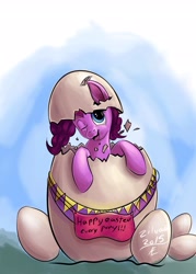 Size: 3567x4984 | Tagged: safe, artist:zilvart, character:pinkie pie, species:pony, absurd resolution, easter, easter egg, egg, female, looking at you, shell, signature, silly, silly pony, solo, wink