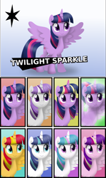 Size: 1332x2229 | Tagged: safe, artist:meteor-spark, character:princess cadance, character:princess celestia, character:shining armor, character:sunset shimmer, character:twilight sparkle, character:twilight sparkle (alicorn), character:twilight velvet, species:alicorn, species:pony, alicornified, alternate costumes, crystallized, gleaming shield, palette swap, prince shining armor, princess gleaming shield, race swap, rainbow power, rule 63, shimmercorn, super smash bros., svg, vector, velveticorn