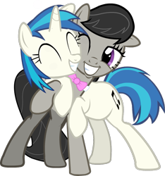 Size: 931x996 | Tagged: safe, artist:warpout, character:dj pon-3, character:octavia melody, character:vinyl scratch, species:earth pony, species:pony, species:unicorn, ship:scratchtavia, bow tie, cute, cutie mark, eyes closed, female, grin, hooves, horn, hug, lesbian, mare, nuzzling, one eye closed, shipping, simple background, smiling, teeth, transparent background, vector, wink