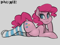 Size: 800x600 | Tagged: safe, artist:phurie edits, edit, character:pinkie pie, species:earth pony, species:pony, g4, adorasexy, backbend, belly button, clothing, colored pupils, cute, diapinkes, draw me like one of your french girls, female, gray background, lying down, mare, sexy, simple background, smiling, socks, solo, striped socks