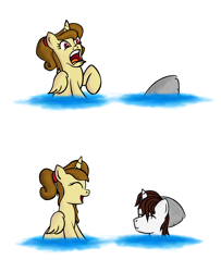 Size: 1300x1600 | Tagged: safe, artist:yooyfull, oc, oc only, oc:katya ironstead, oc:miles, species:alicorn, species:pony, alicorn oc, duo, funny, funny face, joke, laughing, oc x oc, prank, scared, shark?, surprised, swimming, this isn't even my final form, water, wet, wet mane