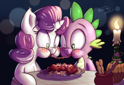 Size: 1200x822 | Tagged: safe, artist:tadashi--kun, character:spike, character:sweetie belle, ship:spikebelle, blushing, eating, female, food, lady and the tramp, male, meatballs, messy eating, puffy cheeks, scene parody, shipping, spaghetti, spaghetti scene, straight
