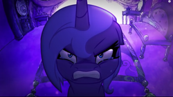 Size: 1440x813 | Tagged: safe, artist:warpout, character:princess luna, species:alicorn, species:pony, angry, bedroom, crying, fangs, female, glare, gritted teeth, looking at you, lullaby for a princess, s1 luna, solo, tears of anger
