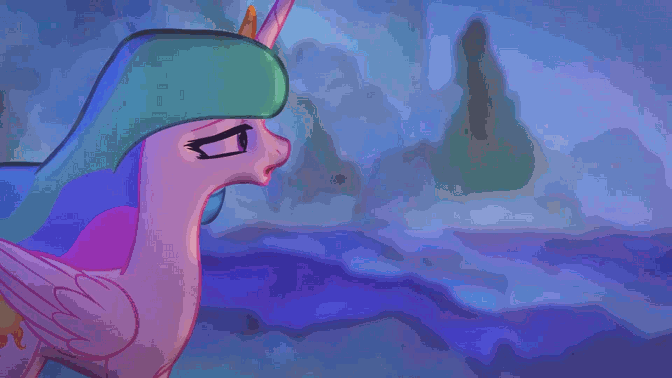 Size: 672x378 | Tagged: safe, artist:warpout, character:princess celestia, animated, blurry, camera pan, canterlot castle, eyes closed, female, forest, frame by frame, gate, hill, lonely, lullaby for a princess, melancholy, mountain, ponyville, rotating, sad, scenery, singing, solo, sun, sunlight, sunrise, tree, valley