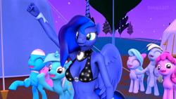 Size: 1359x764 | Tagged: safe, artist:setup1337, character:berry punch, character:berryshine, character:derpy hooves, character:lotus blossom, character:lyra heartstrings, character:princess luna, species:anthro, 3d, bra, breasts, busty princess luna, clothing, female, nightmare night, underwear
