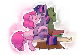 Size: 700x500 | Tagged: safe, artist:cabyowl, character:pinkie pie, character:twilight sparkle, species:earth pony, species:pony, species:unicorn, ship:twinkie, explicit source, female, golden oaks library, lesbian, licking, mare, shipping