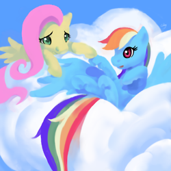 Size: 250x250 | Tagged: safe, artist:cabyowl, character:fluttershy, character:rainbow dash, species:pegasus, species:pony, cloud, female, hooves, lineless, lying on a cloud, mare, on a cloud, on back, wings