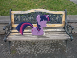 Size: 3264x2448 | Tagged: safe, artist:digitalpheonix, artist:lazypixel, character:twilight sparkle, bench, earbuds, eyes closed, ipod, irl, photo, ponies in real life, shadow, solo, vector