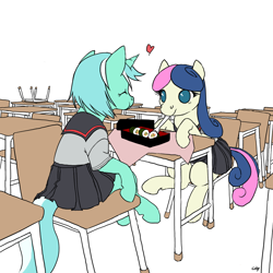 Size: 1000x1000 | Tagged: safe, artist:cabyowl, character:bon bon, character:lyra heartstrings, character:sweetie drops, species:earth pony, species:pony, species:unicorn, bento, classroom, clothing, desk, duo, eating, female, food, heart, mare, mouth hold, no pupils, sailor uniform, school uniform, sitting, smiling, sushi