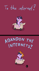 Size: 660x1186 | Tagged: safe, artist:mr-1, character:twilight sparkle, species:pony, species:unicorn, abandon thread, bandage, bandaid, box, comic, crying, female, fire, internet, internet backdraft, on fire, open mouth, reaction image, simple background, solo, wide eyes