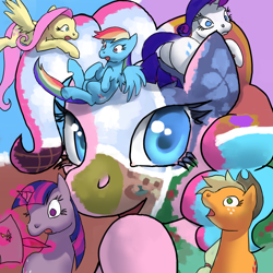 Size: 1000x1000 | Tagged: safe, artist:cabyowl, character:applejack, character:fluttershy, character:pinkie pie, character:rainbow dash, character:rarity, character:twilight sparkle, species:earth pony, species:pegasus, species:pony, species:unicorn, confused, female, mane six, mare, surreal