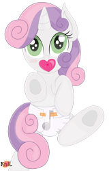 Size: 716x1116 | Tagged: dead source, safe, artist:the-crusader-network, character:sweetie belle, baby belle, cute, dawwww, decorated diaper, diaper, diapered, diapered filly, eighth note, foal, heart pacifier, music note diaper, music notes, pacifier, white diaper
