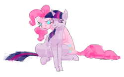 Size: 800x500 | Tagged: safe, artist:cabyowl, character:pinkie pie, character:twilight sparkle, species:earth pony, species:pony, species:unicorn, ship:twinkie, explicit source, female, lesbian, mare, no pupils, shipping, simple background, sitting, white background