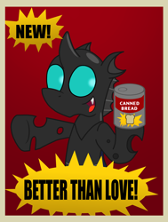 Size: 1520x2014 | Tagged: safe, artist:sketchymouse, species:changeling, advertising, canned bread, parody, poster, solo, spongebob squarepants, squidville, underhoof