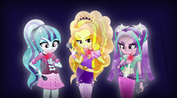 Size: 5395x3000 | Tagged: dead source, safe, artist:meteor-spark, character:adagio dazzle, character:aria blaze, character:sonata dusk, my little pony:equestria girls, .svg available, bedroom eyes, crystallized, glow, grin, microphone, raised eyebrow, smiling, smirk, sparkles, the dazzlings, vector