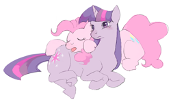 Size: 770x460 | Tagged: safe, artist:cabyowl, character:pinkie pie, character:twilight sparkle, species:earth pony, species:pony, species:unicorn, ship:twinkie, butt pillow, explicit source, female, lesbian, mare, prone, shipping, simple background, sleeping, white background