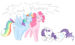 Size: 1000x600 | Tagged: safe, artist:cabyowl, character:pinkie pie, character:rainbow dash, character:rarity, species:earth pony, species:pegasus, species:pony, species:unicorn, candy mountain, charlie the unicorn, clothing, costume, fake horn, female, mare, parody, simple background, white background