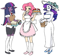 Size: 978x912 | Tagged: safe, artist:cabyowl, character:pinkie pie, character:rarity, character:twilight sparkle, species:human, bag, book, cake, clothing, dress, eared humanization, female, hat, humanized, pony coloring, simple background, skirt, white background