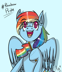 Size: 1200x1400 | Tagged: safe, artist:karmamoonshadow, character:rainbow dash, species:pegasus, species:pony, blue background, eye clipping through hair, female, flag, gay pride flag, hashtag, lgbt, lovewins, mare, open mouth, pride, pride flag, signature, simple background, solo, spread wings, wings