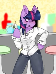 Size: 1024x1365 | Tagged: safe, artist:misocosmis, character:twilight sparkle, species:anthro, species:pony, species:unicorn, alcohol, arm hooves, clothing, drink, drunk, drunk twilight, ear fluff, female, olive, pants, shirt, solo
