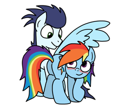 Size: 1024x899 | Tagged: safe, artist:anyponedrawn, character:rainbow dash, character:soarin', species:pony, ship:soarindash, backwards cutie mark, blushing, cute, female, love, male, plot, presenting, romance, shipping, straight, wings