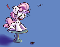 Size: 500x395 | Tagged: safe, artist:tadashi--kun, character:sweetie belle, species:pony, species:unicorn, arachnophobia, exclamation point, female, filly, scared, simple background, solo, spider, table