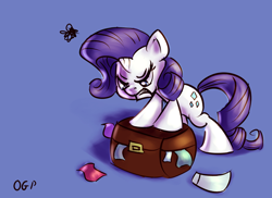 Size: 700x509 | Tagged: safe, artist:tadashi--kun, character:rarity, species:pony, species:unicorn, angry, female, luggage, packing, simple background, solo, suitcase
