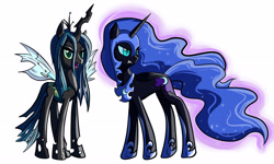 Size: 2805x1682 | Tagged: safe, artist:itsnotdaijoubu, character:nightmare moon, character:princess luna, character:queen chrysalis, species:alicorn, species:changeling, species:pony, changeling queen, crown, cyan eyes, ethereal mane, fangs, female, green eyes, green mane, helmet, jewelry, regalia, sharp teeth, simple background