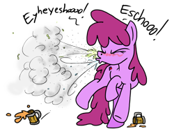 Size: 1024x758 | Tagged: safe, artist:anyponedrawn, character:berry punch, character:berryshine, background pony, blushing, drinking, drunk, female, force, mucus, nostrils, sneeze cloud, sneezing, snot, spit, spray, strength